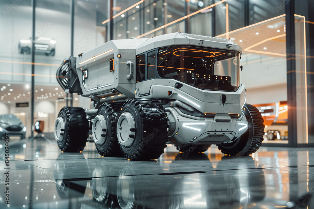 Futuristic All-Terrain Vehicle in High-Tech Showroom Futuristic All-Terrain Vehicle in High-Tech Showroom