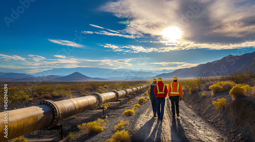 Workers in safety gear inspecting an oil pipeline in a desert landscape. The sun casts long shadows, emphasizing the vast, arid environment.