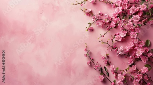 Serene Minimalism, Pink Blossoms Amidst Soft Peach Wall Backdrop