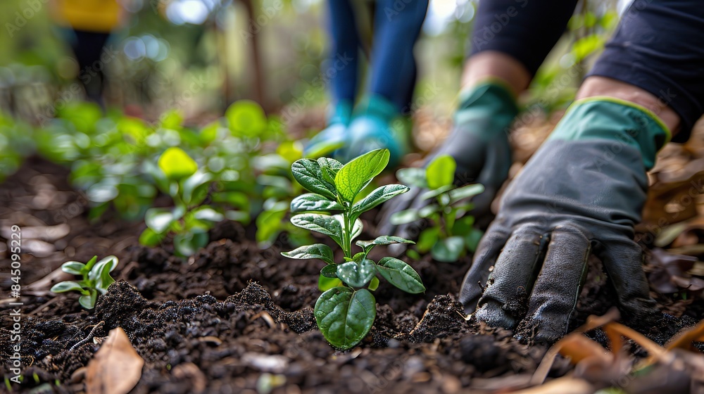A group of volunteers planted young saplings in a community park, surrounded by gardening tools in the foreground, highlighting green initiatives and reducing the carbon footprint. A group of volunteers planted young saplings in a community park, surrounded by gardening tools in the foreground, highlighting green initiatives and reducing the carbon footprint.