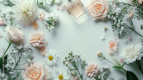 Perfume bottles and flowers with white background Beauty and fashion top view