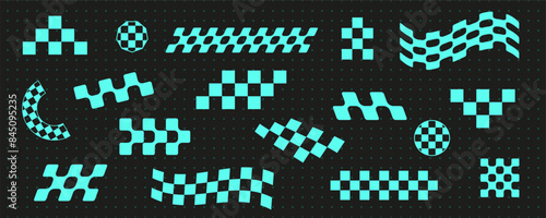 Vintage checker pattern shape set, modern techno groovy checkerboard decoration design, futuristic blue neon 90s chess element collection, geometric trendy y2k icon vector, retro abstract aesthetic,