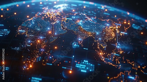 Cyber globe representing Asia and the Middle East, showcasing global connectivity, data transfer, advanced technology, information exchange, and international telecommunication.