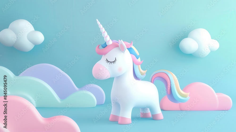 Obraz premium A cute unicorn stands in a dreamy landscape with fluffy clouds
