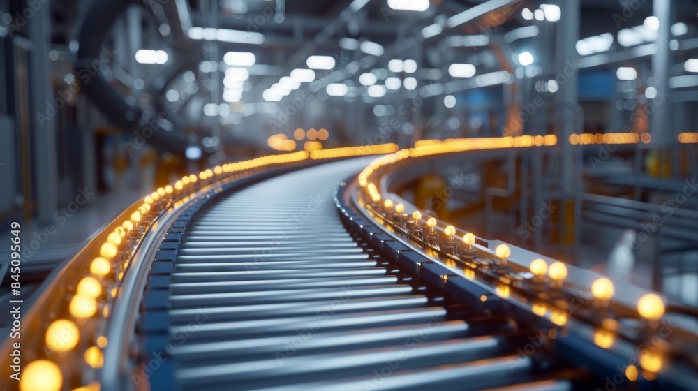 A detailed view of an industrial conveyor belt system in motion, highlighting efficiency and modern manufacturing processes. A detailed view of an industrial conveyor belt system in motion, highlighting efficiency and modern manufacturing processes.