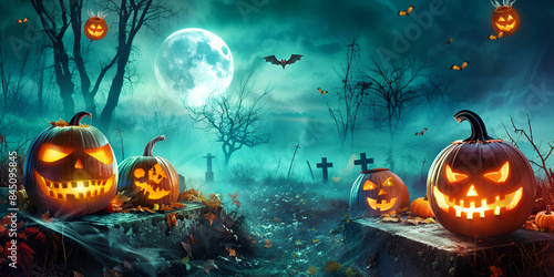 Halloween scene featuring a full moon, ghosts, gravestones, and trees with leaves in shades of orange and pink.