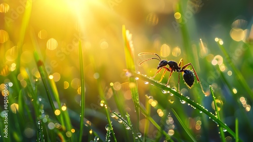 A close-up photo of an ant collecting pollen from a yellow flower on a sunny summer day photo