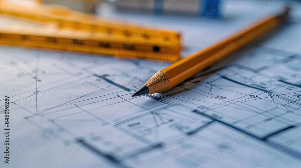 pencil and ruler on blueprint pencil and ruler on blueprint
