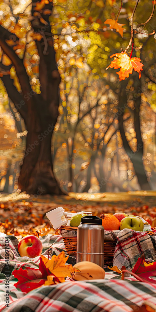 Fall picnic in park: checkered blanket, fruit basket, thermos, colorful leaves, bright light. Fall picnic in park: checkered blanket, fruit basket, thermos, colorful leaves, bright light.