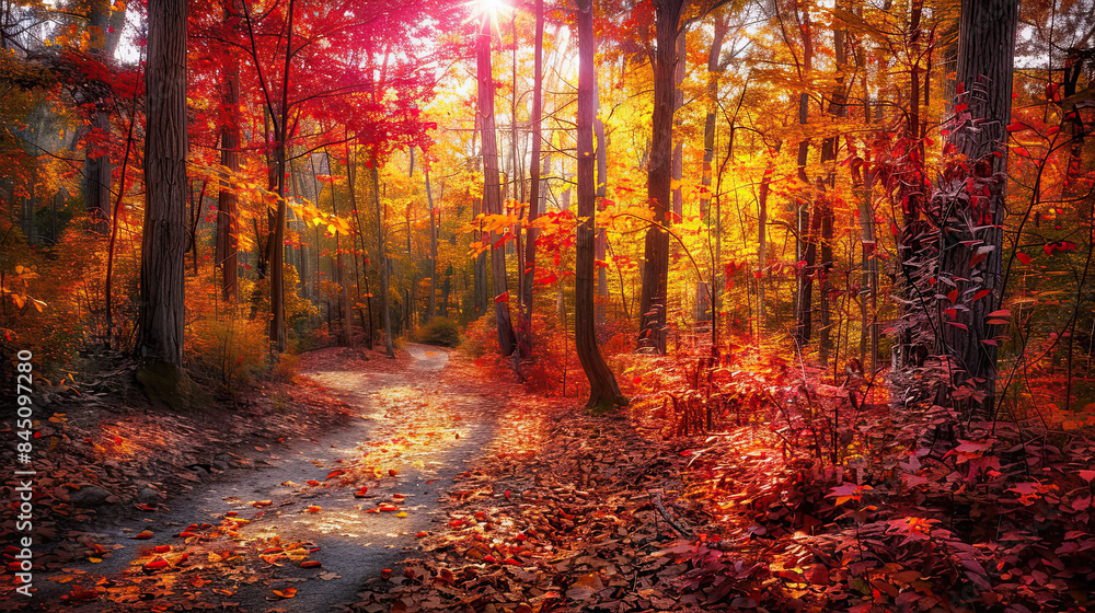 Obraz premium Autumn forest scene: colorful leaves, winding path, soft sunlight, vibrant colors, serene mood.