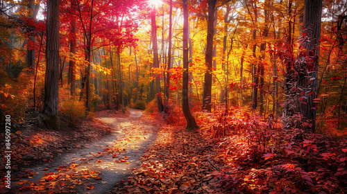 Autumn forest scene: colorful leaves, winding path, soft sunlight, vibrant colors, serene mood.