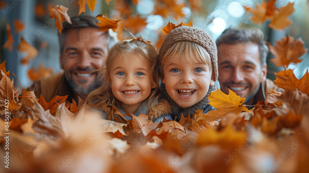 A family playing in the autumn leaves. A family playing in the autumn leaves.