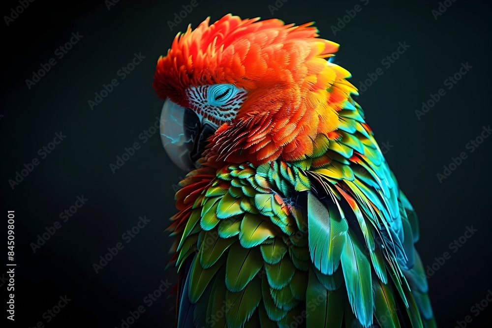 Obraz premium Vibrant and Surreal Portrait of a Captivating Parrot Illuminated by a Single Studio Light,Showcasing the Exotic Bird's Mesmerizing Plumage and Striking Features
