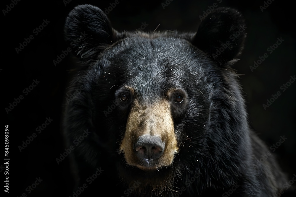 Captivating studio-style portrait of a black bear with a gentle,calming expression,highlighted by a moody one-light setup against a dark background. Captivating studio-style portrait of a black bear with a gentle,calming expression,highlighted by a moody one-light setup against a dark background.