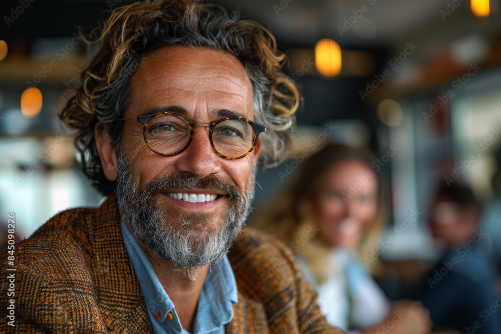 Smiling Man With Glasses, Cafe Setting, Warm Lighting, Casual Meeting, Relaxed Atmosphere, Friendly Conversation, Social Interaction, Comfortable Environment Smiling Man With Glasses, Cafe Setting, Warm Lighting, Casual Meeting, Relaxed Atmosphere, Friendly Conversation, Social Interaction, Comfortable Environment