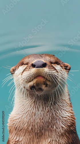 Adorable and Charming Otter with a Playful,Joyful Grin on a Tranquil Pastel Blue Background,Perfect for Smartphone Wallpaper in 9:16