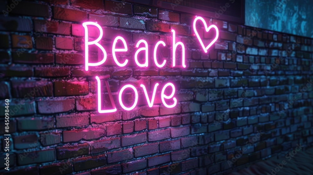 2d illustration of a neon sign that reads Beach Love with a brick wall backdrop 2d illustration of a neon sign that reads Beach Love with a brick wall backdrop