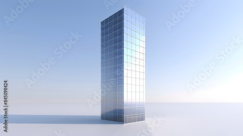 A modern skyscraper rises against a blue sky, reflecting urban architecture and business in its glass facade