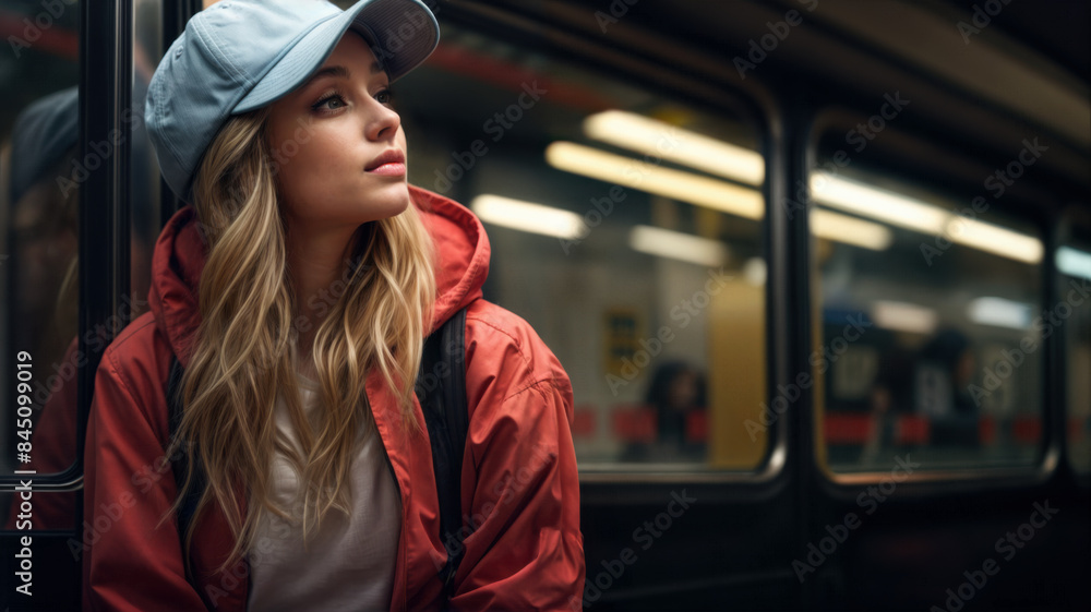 A young teenager wearing a blue baseball cap and a red jacket and sitting in an empty subway car. A casual pose in three-quarter profile. A young teenager wearing a blue baseball cap and a red jacket and sitting in an empty subway car. A casual pose in three-quarter profile.