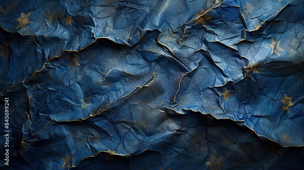 Top view of the wrinkled blue European Union flag, representing challenges, complexities, and crises faced by the Eurozone. Top view of the wrinkled blue European Union flag, representing challenges, complexities, and crises faced by the Eurozone.