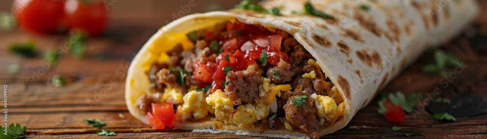 Delicious Breakfast Burrito with Scrambled Eggs, Sausage, Cheese, and Salsa Close-up Shot on Warm Tortilla Delicious Breakfast Burrito with Scrambled Eggs, Sausage, Cheese, and Salsa Close-up Shot on Warm Tortilla