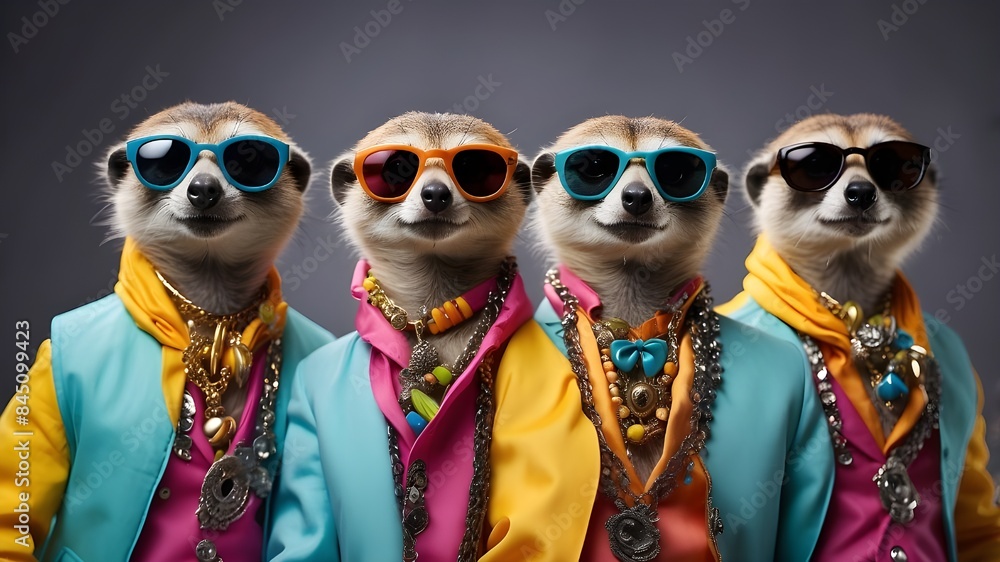 Chic animal rock group, glam rock style group photo, stylish photograph of anthropomorphic superstar meerkats wearing colorful clothes and sunglasses. Chic animal rock group, glam rock style group photo, stylish photograph of anthropomorphic superstar meerkats wearing colorful clothes and sunglasses.