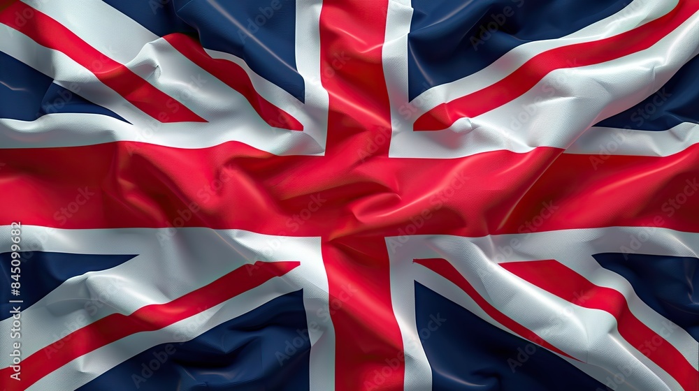 Fototapeta premium United Kingdom flag billowing majestically in the wind, filling the full page with its iconic colors in a striking 3D illustration.