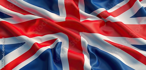 United Kingdom flag billowing majestically in the wind, filling the full page with its iconic colors in a striking 3D illustration.
