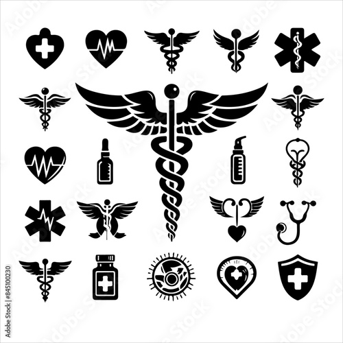 Caduceus health symbol silhouettes vector, Apotheke icon vector, Health logo vector. caduceus. rod of Asclepius.