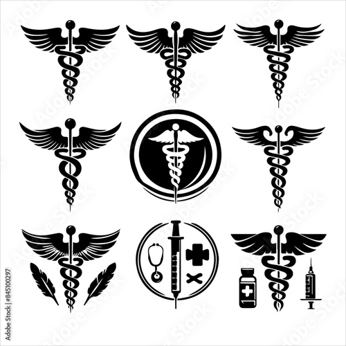 Caduceus health symbol silhouettes vector, Apotheke icon vector, Health logo vector. caduceus. rod of Asclepius.