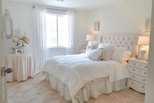 Pretty bedroom with white walls and soft decor