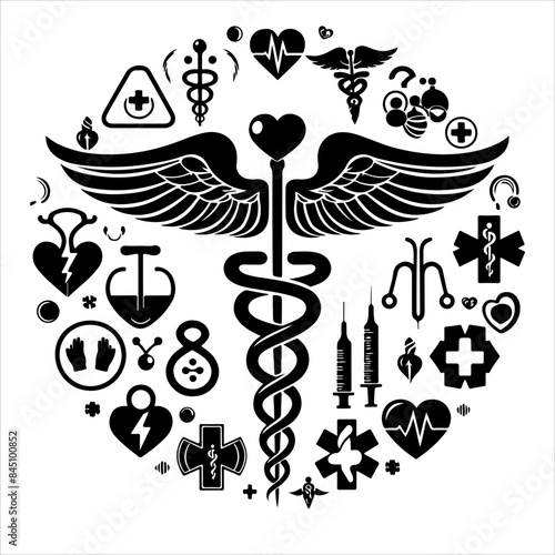 Caduceus health symbol silhouettes vector, Apotheke icon vector, Health logo vector. caduceus. rod of Asclepius.