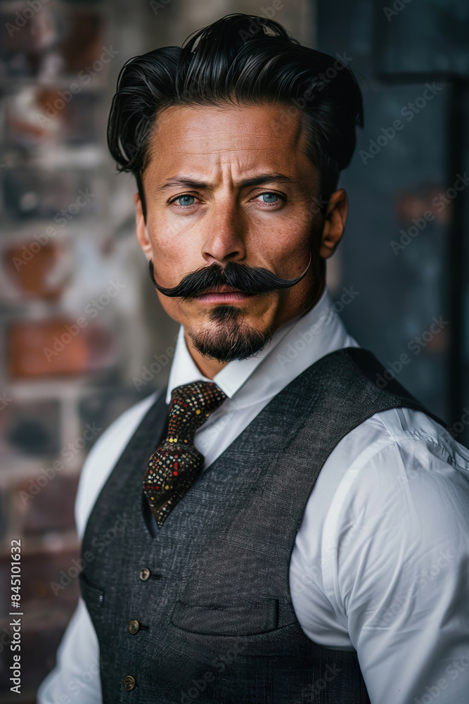 Sophisticated Man with Modern Mustache in Stylish Attire for Urban Fashion Sophisticated Man with Modern Mustache in Stylish Attire for Urban Fashion