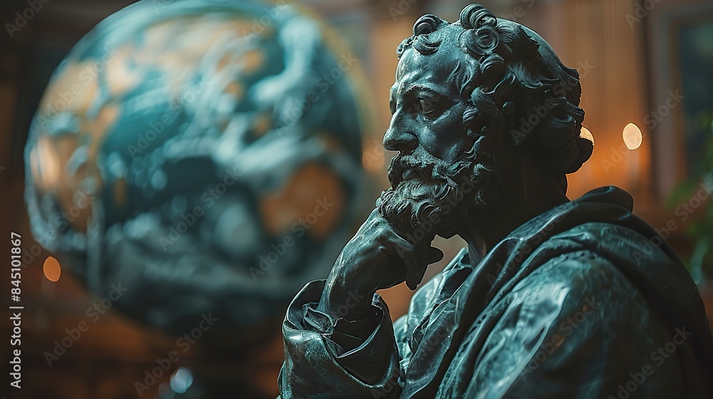 Fototapeta premium Blurred planetarium backdrop illuminates a statue of a philosopher, invoking contemplation on astronomy and the cosmos, amidst natural light and soft shadows, leaving ample copy space.