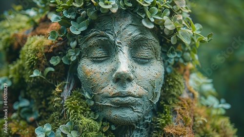 In the depths of an enchanted wood, stands an ancient statue of a woman shrouded in verdant moss and entwined by roots, embodying the mystical spirit of the dryad, a guardian of nature's secrets.