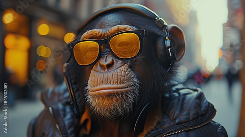 A joyful anthropomorphic simian, adorned with a radiant smile and headphones, immerses itself in the melodic symphony of downtown city streets, exuding an urban underground retro style and an endearin