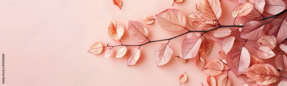 Obraz premium Soft Pastel Leaves on a Peach Background. Delicate arrangement of soft pastel-colored leaves on a peach background with copy space.
