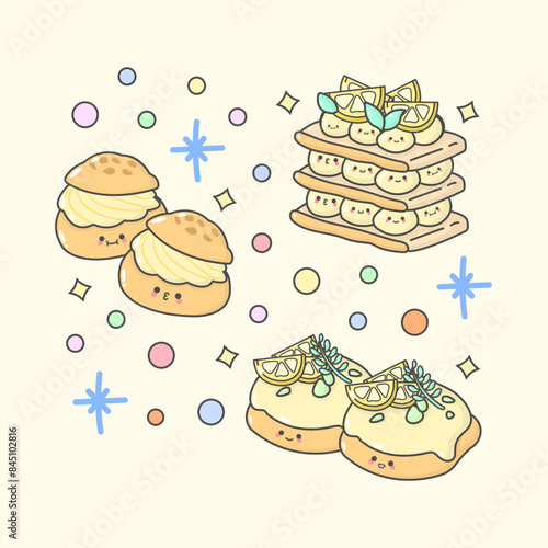 sweet dessert mille feuille choux cream doughnut melon with cute facial expressions and pastel colour