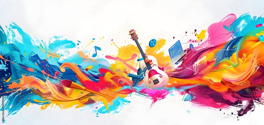 Fototapeta premium A watercolor guitar adorned with vibrant color splashes concept of painting in background