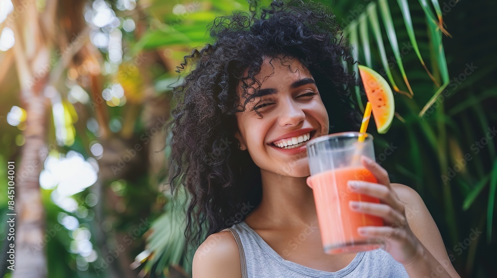 The contented young lady sipping her smoothie, Generative AI. The contented young lady sipping her smoothie, Generative AI.