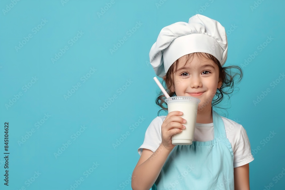 Young cook secluded on blue, creating a smoothie with milk shakes. A cute tiny child chef cook in an apron and uniform cooked food in the kitchen, Generative AI. Young cook secluded on blue, creating a smoothie with milk shakes. A cute tiny child chef cook in an apron and uniform cooked food in the kitchen, Generative AI.