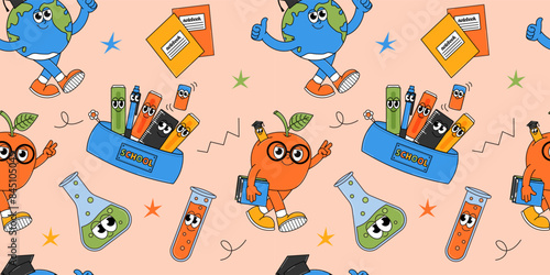Funny seamless pattern with retro groovy characters. Back to school and education concept. Contemporary vector illustration.