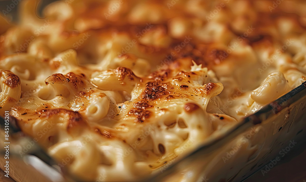 Close up of freshly baked mac and cheese baking in glass pan Close up of freshly baked mac and cheese baking in glass pan