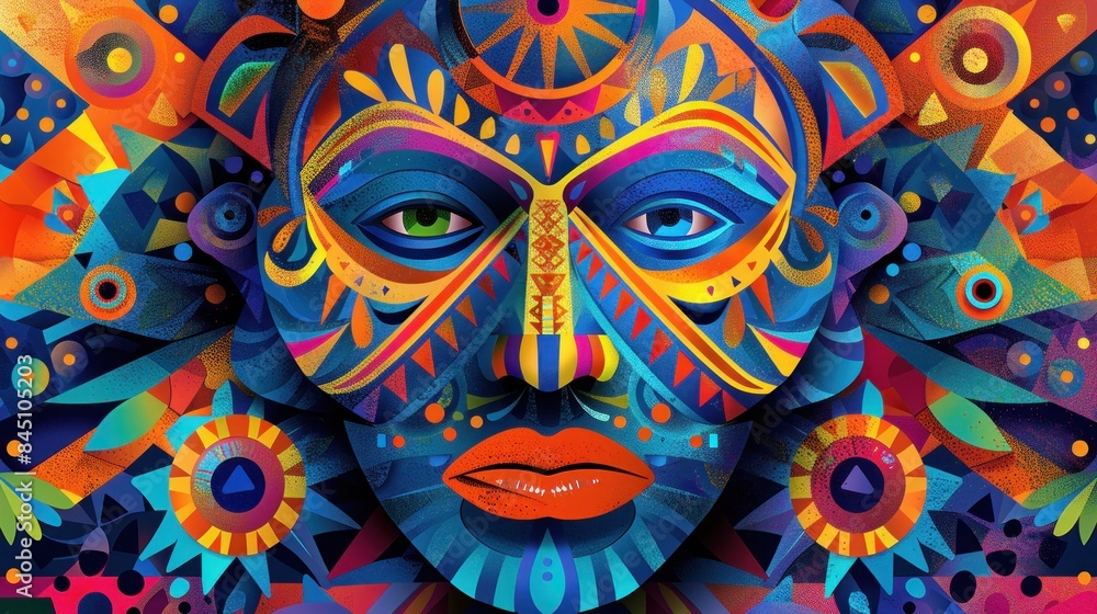 Geometric Tribal Design with Abstract Colorful Mask Patterns Background Geometric Tribal Design with Abstract Colorful Mask Patterns Background