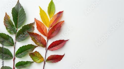 Leaves of smooth sumac in red green and yellow against a white backdrop representing autumn with room for text photo