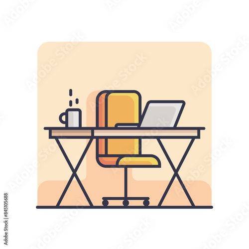 Illustration of office workstation with chair and desk and laptop. Minimalistic illustration of office workplace