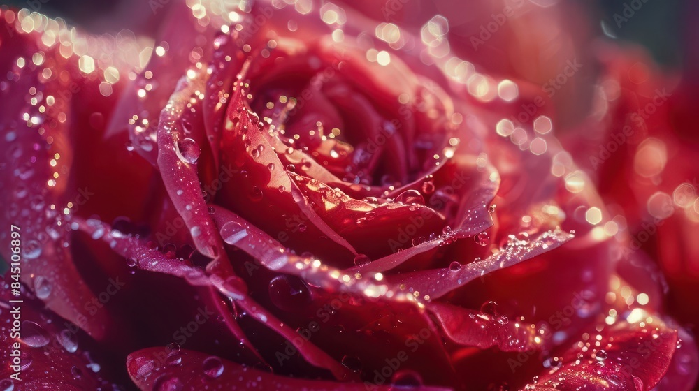 A blooming rose with dewdrops, vibrant red petals A blooming rose with dewdrops, vibrant red petals