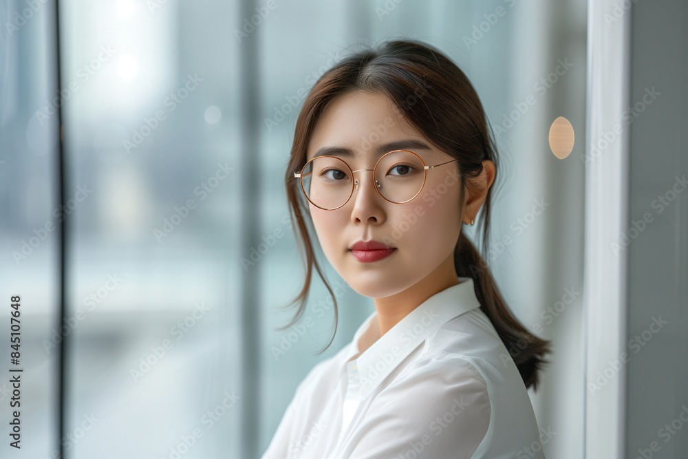 Pretty 45 years old Korean business woman, wearing glasses, formal slick hairstyle, in a modern office building, wearing white shirt, beside a huge window See Less
Pretty 45 years old Korean business woman, wearing glasses, formal slick hairstyle, in a modern office building, wearing white shirt, beside a huge window See Less