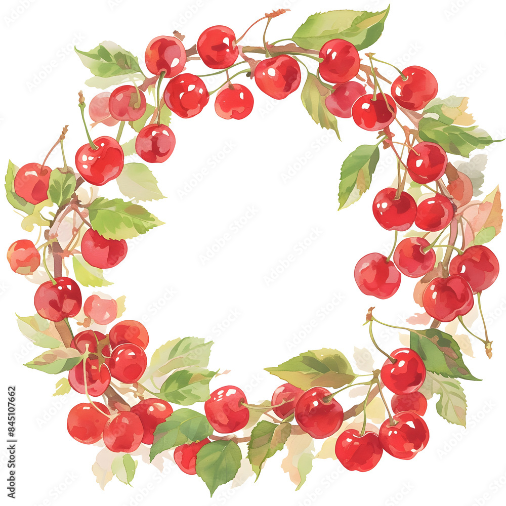 Watercolor cute round frame of cherry berries branches and green leaves clipart Watercolor cute round frame of cherry berries branches and green leaves clipart