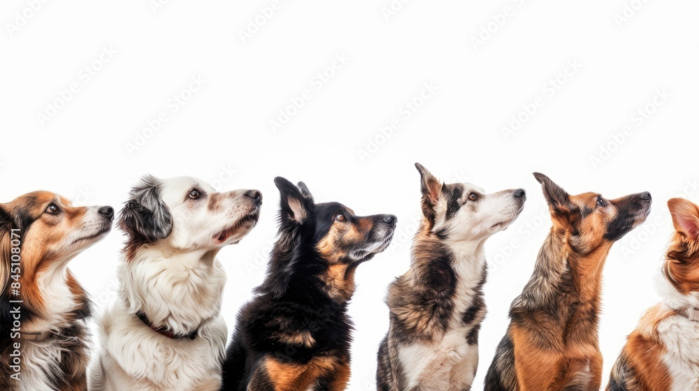 Portrait of eight dogs looking up in profile isolated on white Portrait of eight dogs looking up in profile isolated on white